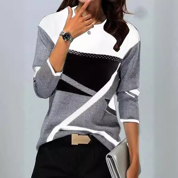 Ropa de mujer transfronteriza europea y americana compatible con varias plataformas, nueva camiseta de manga larga con cuello redondo y estampado de posicionamiento en contraste