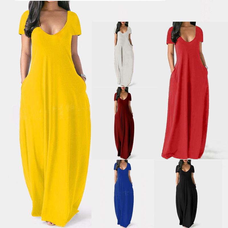 2023 European and American Summer Cross-border Foreign Trade New Large Size Women's Solid Color Dress Sexy Deep V Short-sleeved Long Dress