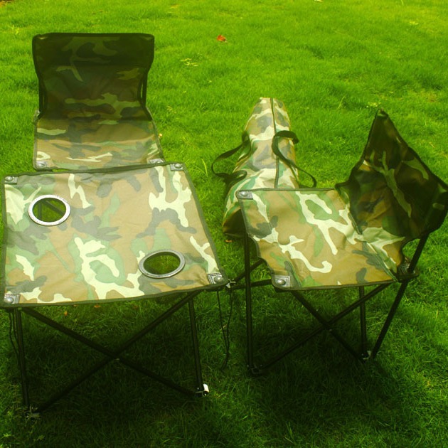 Directo de fábrica mochila portátil al aire libre mesa plegable y silla de picnic Silla de pesca camuflaje conjunto de tres piezas