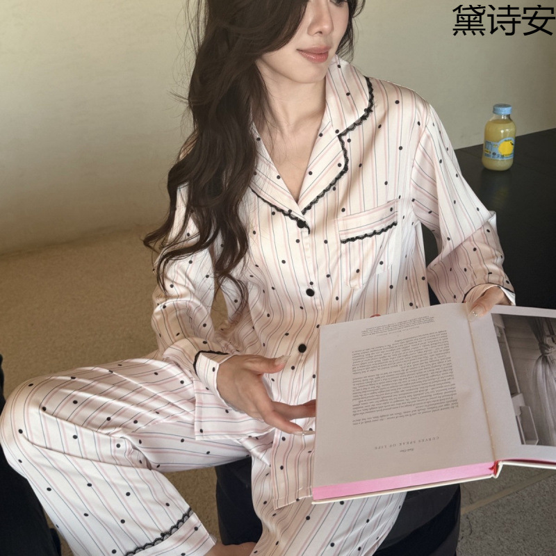 Daisian Striped Lapel Cardigan Loungewear Set with a High-End Feel, Long-Sleeved Top and Long Pants, Can Be Worn Outside, New Polka Dot Ice Silk Style Daisian Striped Lapel Cardigan Loungewear Set with a High-End Feel, Long-Sleeved Top and Long Pants, Can Be Worn Outside, New Polka Dot Ice Silk Style