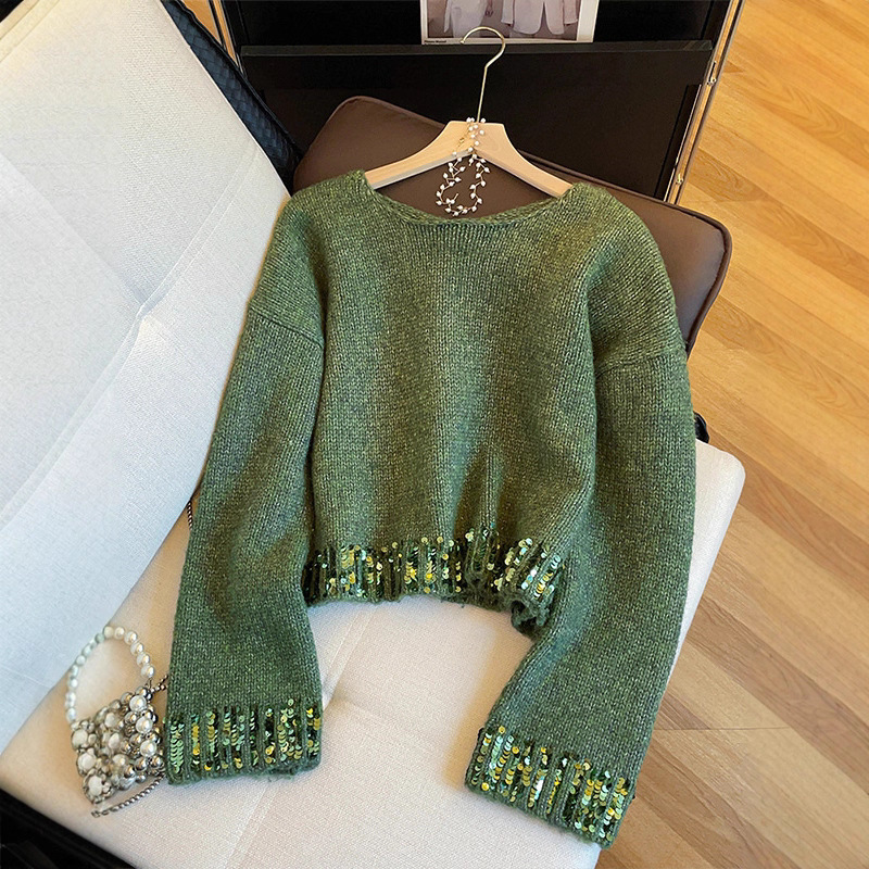 French High-End Sequin Splicing Knitted Sweater for Women 2025 Winter New Loose Green Round Neck Short Top