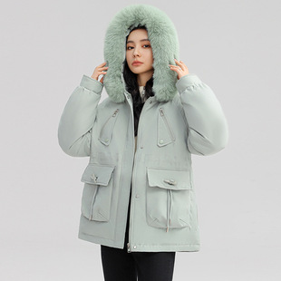 2024 Winter New Thickened Pike Clothing Women's Tight Waist Slimming Hooded Fur Collar High-end Cotton Coat Women's Fashionable Coat