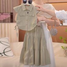 女童套装2025夏季新款纯色韩版半身裙女孩儿童短款衬衫T恤两件套