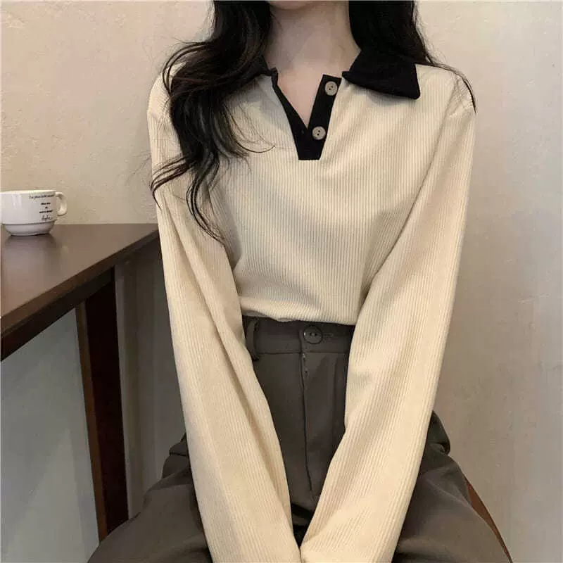 2022秋季新款薄款翻领POLO衫长袖T恤女百搭显瘦ins内搭学生上衣潮