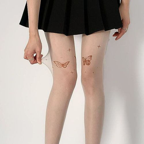 New trendy lingerie sheer stockings women ultra-thin anti-pick summer butterfly skin tone sparkling white silk pantyhose print