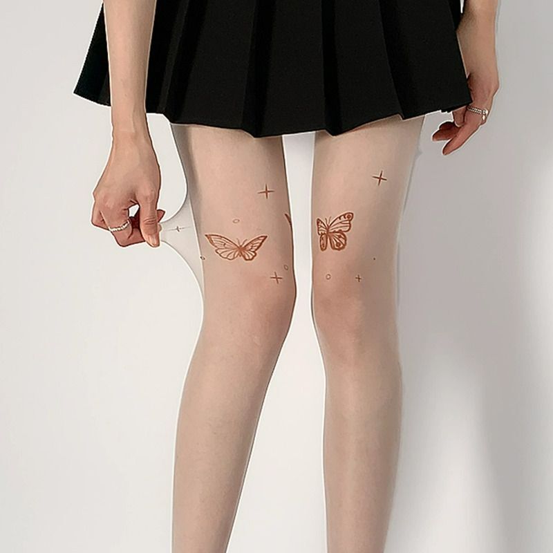 New Spice Girls Pure Desire Silk Stockings Women's Ultra-thin Anti-hook Silk Summer Butterfly Skin Color Sequins White Silk Pantyhose Printed