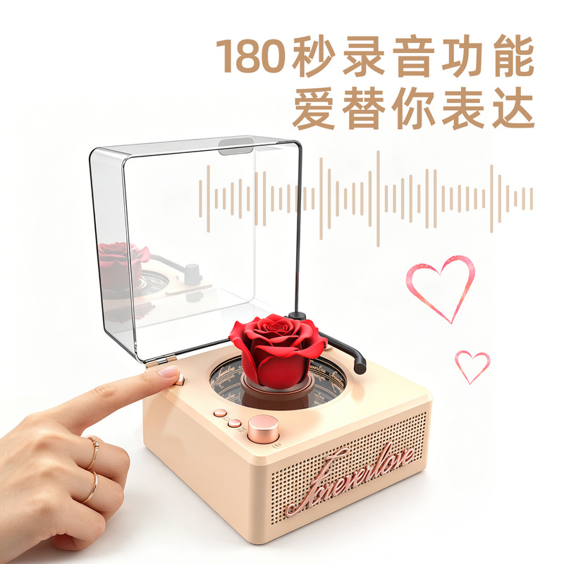 Vintage Bluetooth speaker creative gift, gramophone Bluetooth speaker with eternal rose, birthday gift for girlfriend