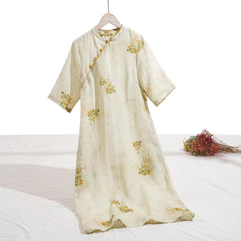 Pregnant women's dress new women's national style improved stand collar slanting button cheongsam