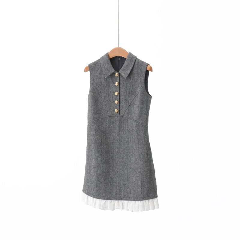 S*P 26 Spring and Summer New Style Gray Mixed Color Elegant Herringbone Wool Dress with Contrasting Color Stitching and Turn-Down Collar Sleeveless Dress