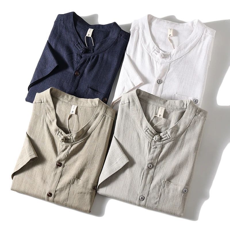 Artistic book roll New National style moisture absorption breathable spring and summer new men's fashion stand collar short sleeve shirt cool linen shirt