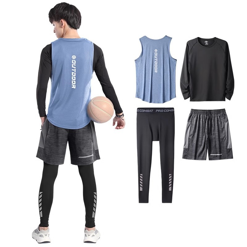 Chaleco de baloncesto para hombres, chaleco de secado rápido, camiseta de entrenamiento de manga larga de primavera y otoño, un conjunto de cuatro piezas