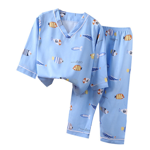 Children's pajamas summer thin children's air-conditioned clothes cotton silk home clothes set cotton silk solid color printing one piece drop shipping