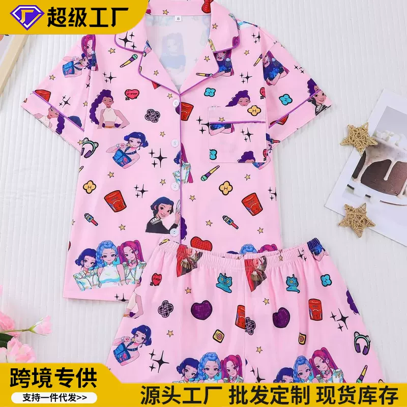 跨境睡衣女夏季短袖短裤两件套套装开衫薄款舒适休闲家居服套装