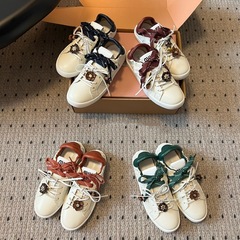 Miu Mi* 25ss春夏新款英伦风系带小白鞋女真皮拼色百搭薄底饼干鞋