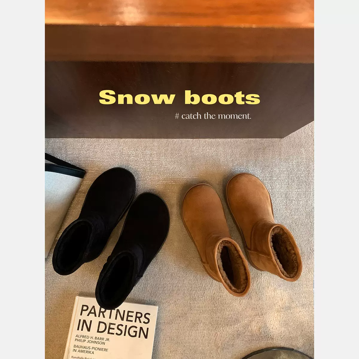 现货秒发！葡萄妈同款鞋厚底增高加绒短筒进口胎小牛反毛雪地靴女