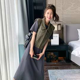 韩版高级感时尚两件套2023夏新款开衫西装领短款马甲+慵懒T恤长裙