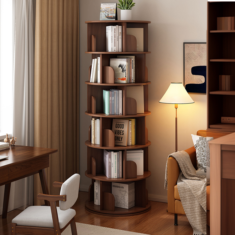Solid Wood Rotating Bookshelf 360-Degree Floor-Standing Storage Rack Kidsren's Picture Book Rack Bedroom Bedside Space-Saving Bookcase
