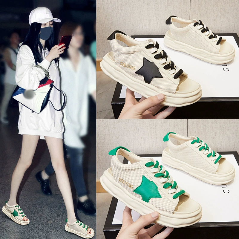 Летние женские сандалии 2025 года на толстой платформе с вырезами, с открытым носком, в стиле «нишевый дизайн», спортивные повседневные, в стиле «колор-блок», в стиле «дад-шоу»