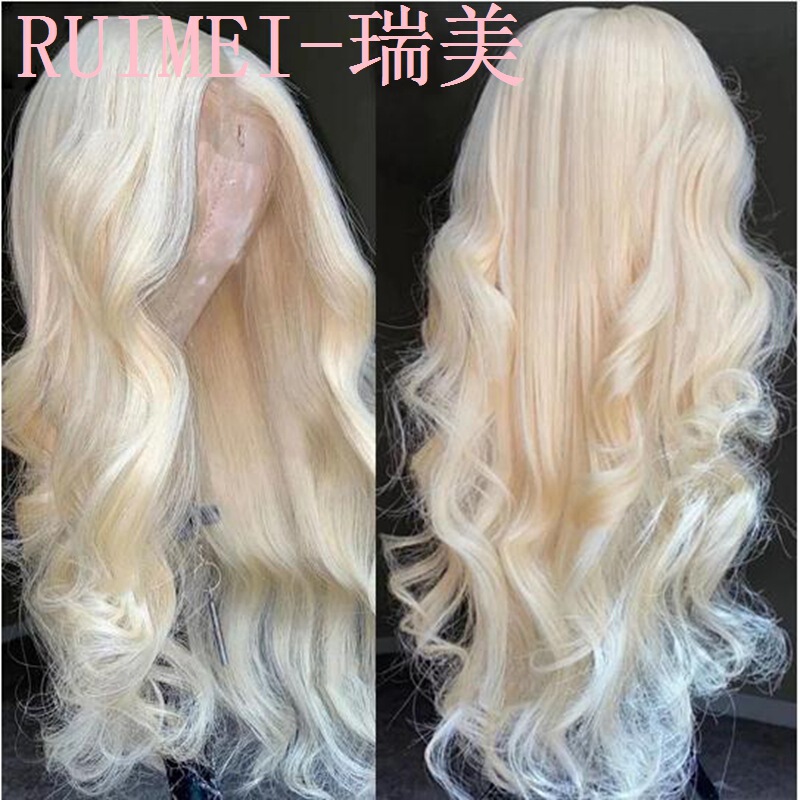 European and American golden mid-length large volume front lace transparent lace high temperature silk full top wig head cover foreign trade export