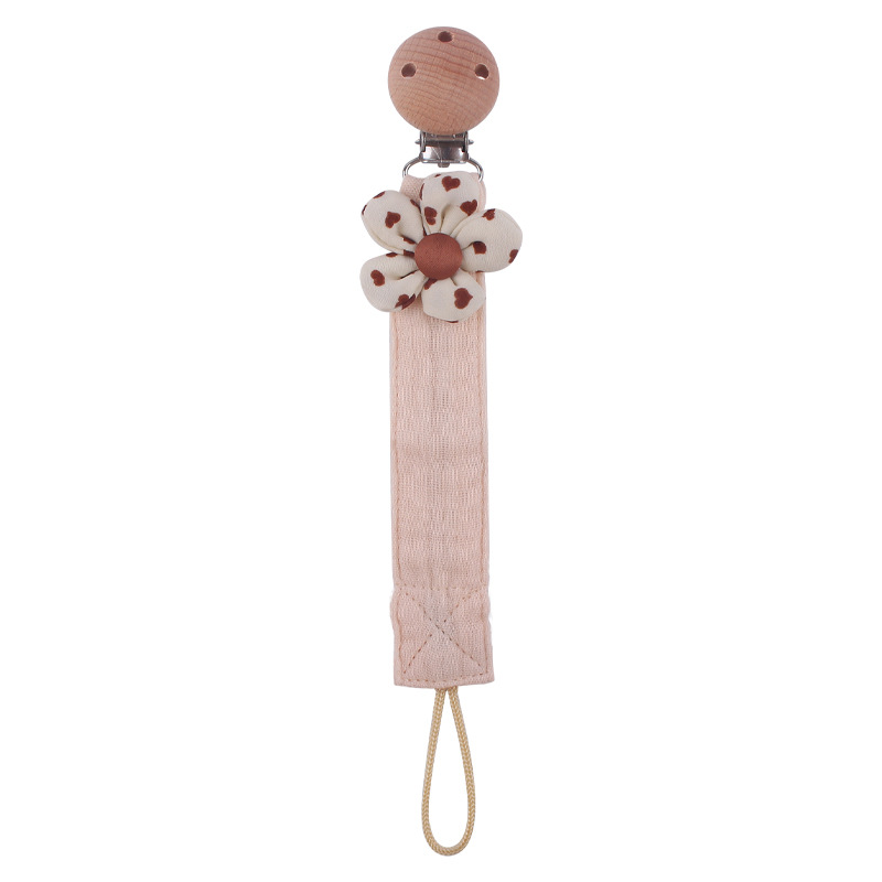 Nuevos suministros de bebé clip de chupete de haya calmante bebé DIY Flor de dibujos animados tira de lino de algodón cadena anti-caída