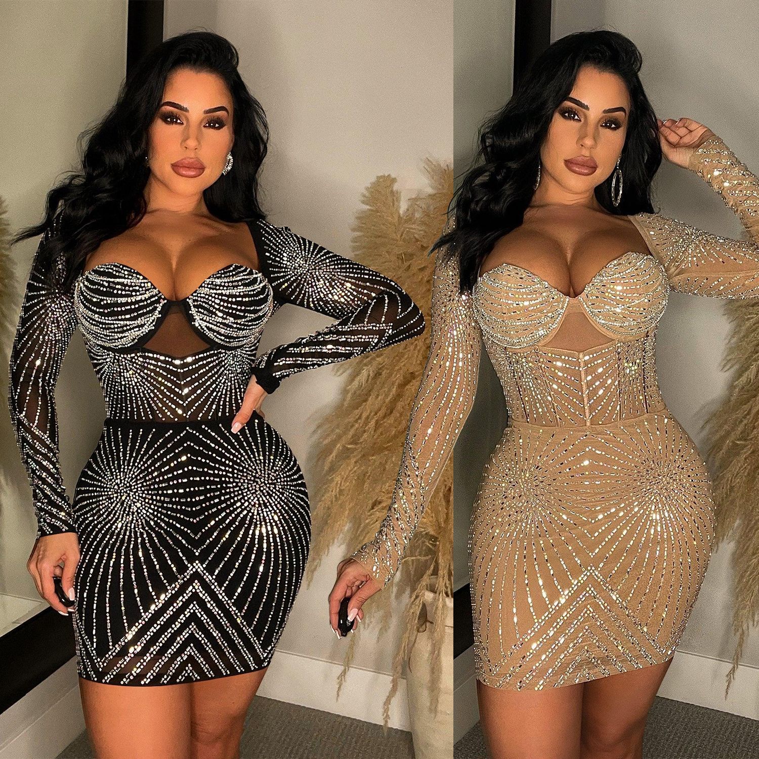 C6243 transfronterizo AliExpress Amazon Europa y América moda de las mujeres de color sólido de malla perforación en caliente de manga larga vestido de falda corta