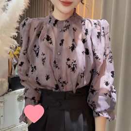 法式立领碎花透视衬衫秋新款褶皱喇叭袖纱衣洋气时尚长袖打底衬衫