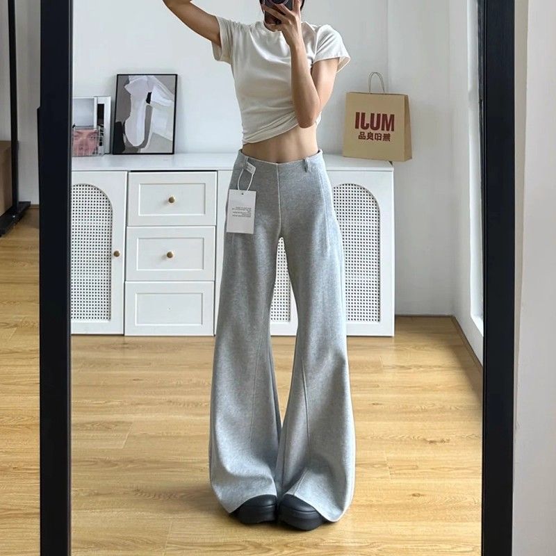 Gray High-End Design Flared Casual Sweatpants for Women, Fleece-Lined, Low-Waisted, Loose-Fitting, Non-Tight on the Legs, Drapey, Floor-Length Bell-Bottom Pants
