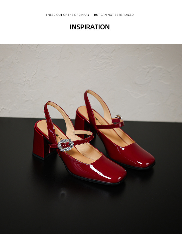 Giày sandal cao gót nữ quai ngang mũi tròn bít, gót 7 cm, phong cách Mary Jane — màu đen, Rượu vang đỏ, màu mơ, bạc chi tiết 11