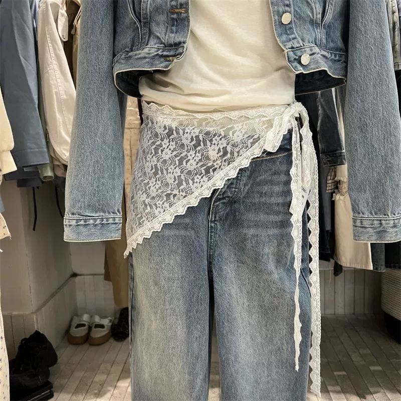 Пояс-шарф из кружева Niche ins design, треугольный, жаккардовая сетка, завязывается на бедре, белый