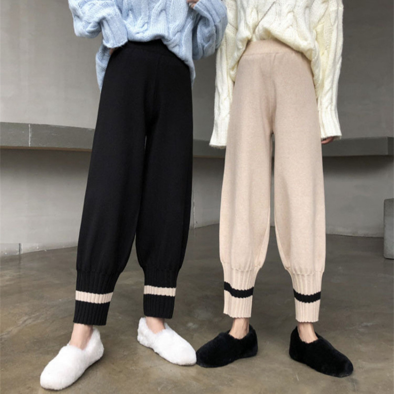 2025春秋季新款针织阔腿裤女直筒宽松休闲萝卜裤哈伦裤毛线小脚裤