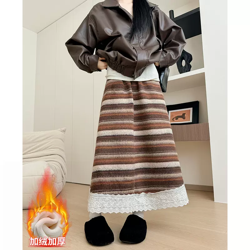 条纹蕾丝半身裙女秋冬2024新款高腰显瘦a字裙民族风加绒毛呢长裙