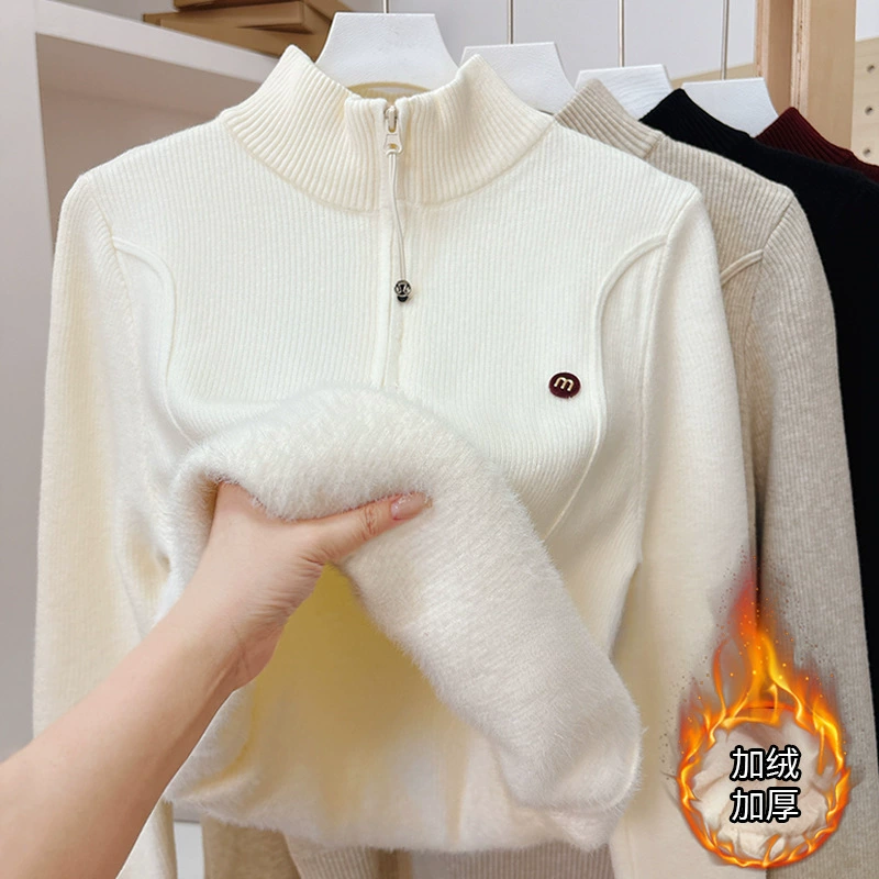 Чувство полувысокого воротника 2024 осень-зима новый бархатный утолщение молнии дизайн чувство пуловер свитер с длинными рукавами теплая женщина