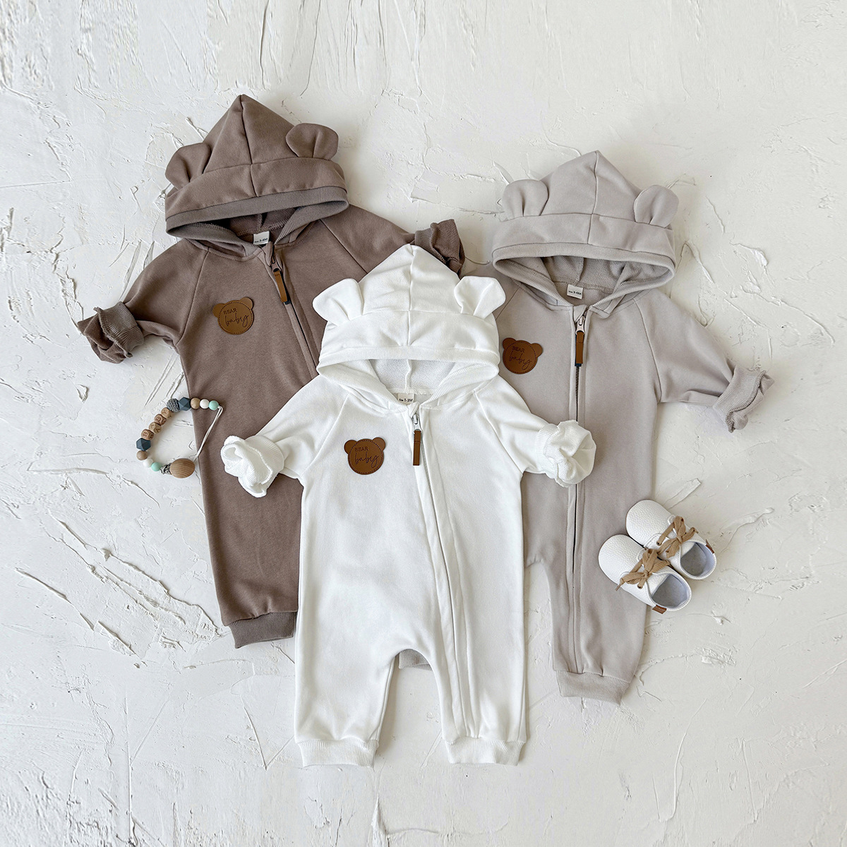 2025 Spring and Autumn New Infant Solid Color Long Sleeve Long Pants Romper Ins Korean Version Baby Boy Girl Hooded Jumpsuit