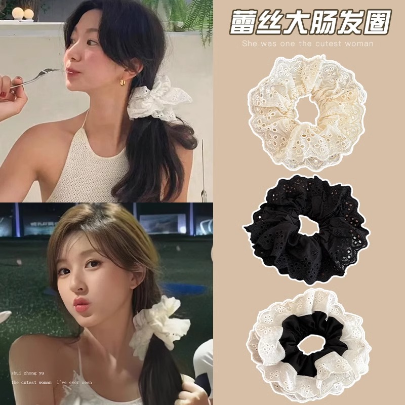 Zhao Lusi, el mismo estilo de encaje, encaje, intestino de cerdo, lazo para el cabello, cuerda para el cabeza coreana femenina, sentido de alta gama, nueva cuerda para el cabello de celebridades de Internet 2025