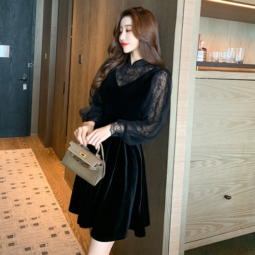 Black Chinese Dress Oriental Qipao for women Lace mesh stitching velvet improved cheongsam little black dress