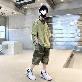 男童夏装薄款迷彩运动套装2025夏季新款帅气中大童T恤短裤两件套