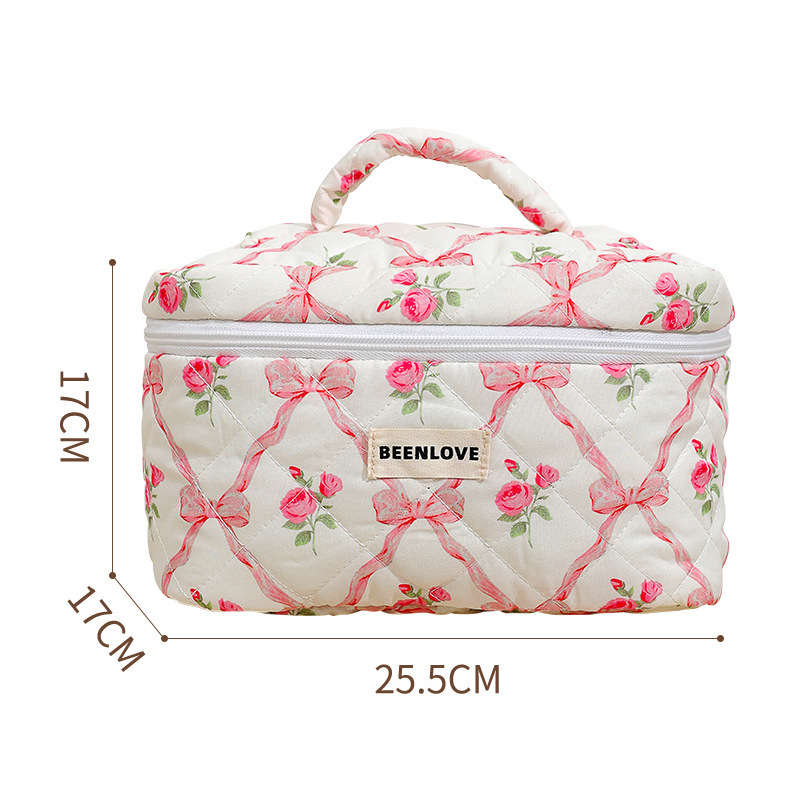 Capacious cosmetic bag with bow, flowered, high-quality style