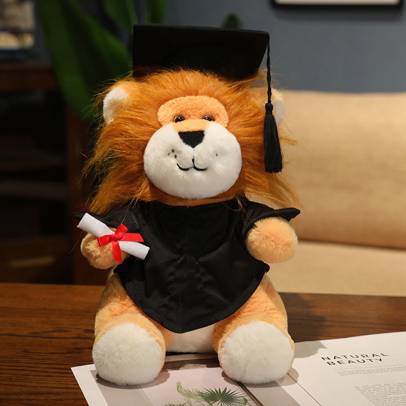 Uniforme de dibujos animados de león pequeño muñeca de peluche doctor muñeca logotipo impresa logotipo regalo de temporada de graduación de licenciatura