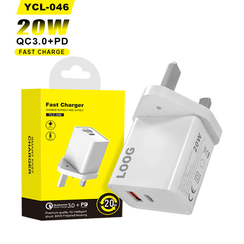 Uk British Plug USB Qc3.0 Pd 20W Fast Charger Portable Type-C Dual Socket