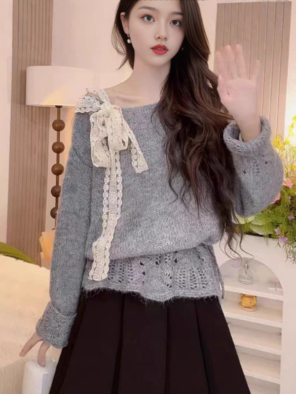 甜美蝴蝶结镂空针织衫毛衣女早秋新款设计感小众宽松显瘦上衣外套|undefined