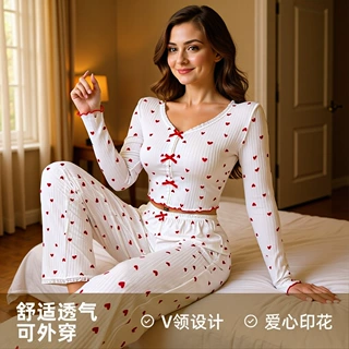 跨境热销家居服卷边爱心长袖欧美睡衣女可外穿长裤两件套外贸女装