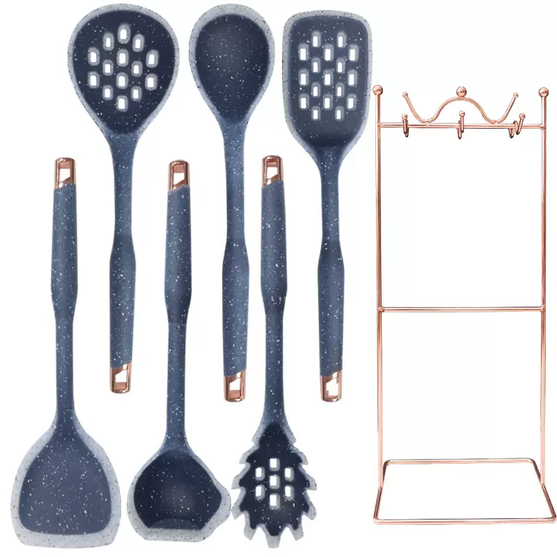 跨境硅胶锅铲汤勺7件套烹饪硅胶铲带收纳架食品级不粘锅硅胶铲