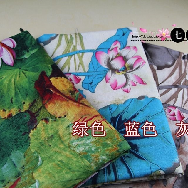 植物服装布料 中式连衣裙时装服饰辅料亚麻棉 民族风棉麻荷花面料