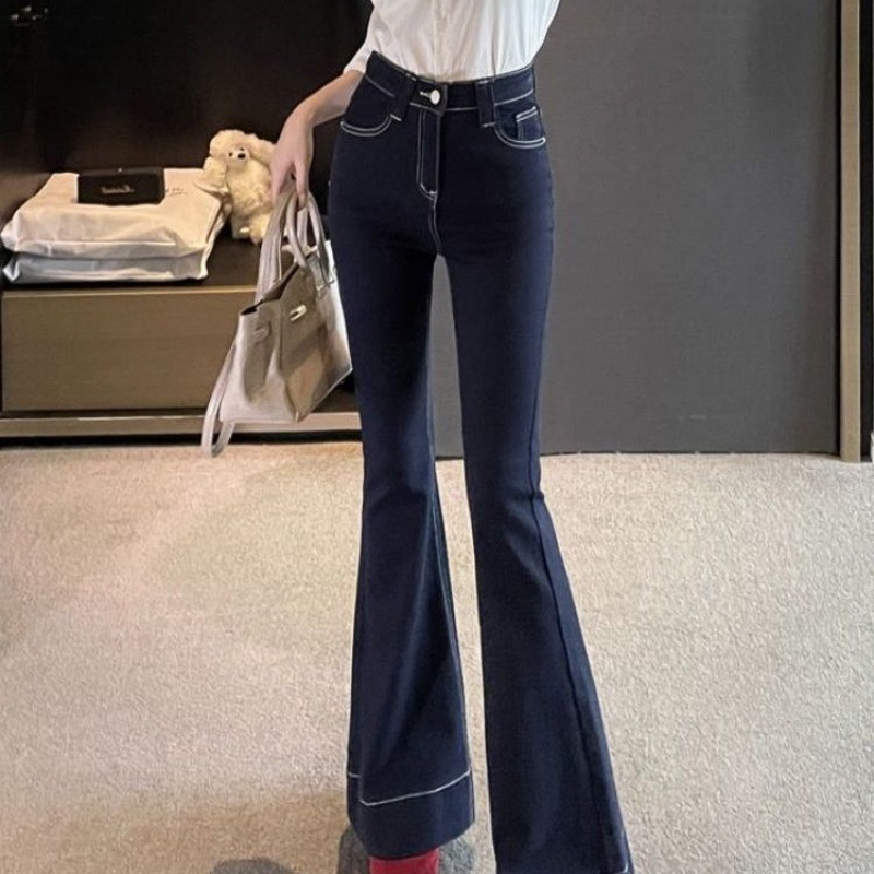 丹宁蓝高腰微喇牛仔裤女秋冬加绒修身弹力显瘦喇叭裤小个子拖地裤|undefined
