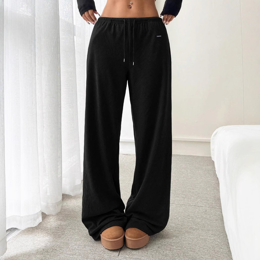 Pantaloni da salotto in maglia spazzolata da donna – Vita elastica con coulisse, gamba dritta e comoda, morbido poliestere, colori a tinta unita (nero, grigio, bianco)_voghion.com