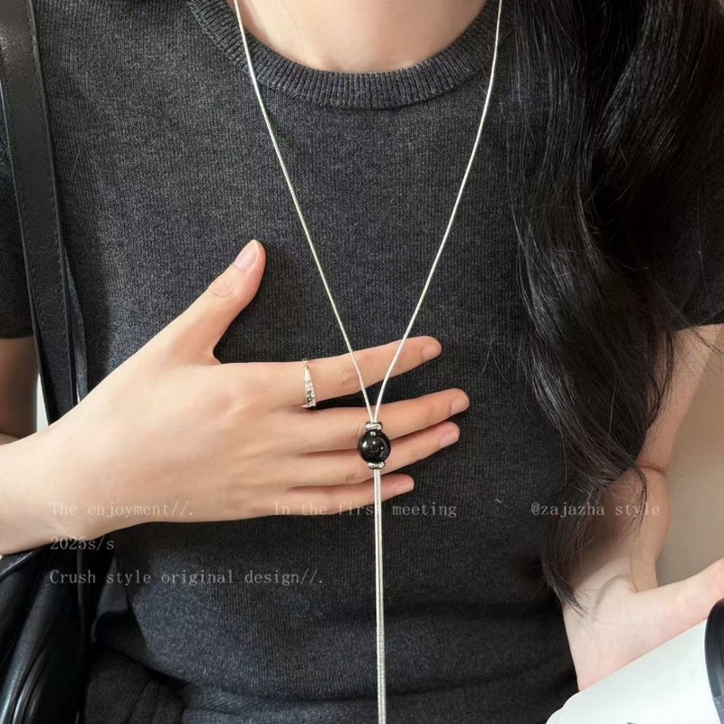 小众百搭可抽拉虎眼石圆球长款项链女冷淡风简约气质项饰毛衣链|undefined