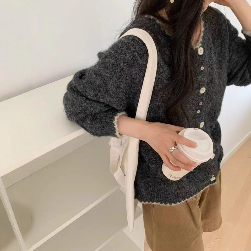 韩版彩扣撞色软糯百搭针织开衫女2025秋冬新款宽松显瘦圆领毛衣潮|undefined