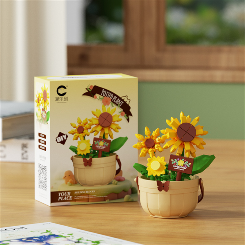 Compatible con bloques de flores eternas flores en maceta canasta DIY adornos hechos a mano girasol con flores de sol juguetes de puzzle para niños