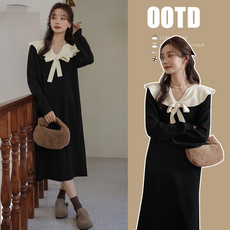 Maternity Wear Elegant Autumn and Winter New Style Doll Collar Extended Loose Belly-Covering Core-Spun Yarn Knitted Nursing Dress