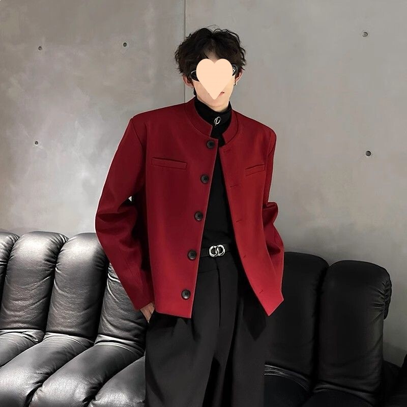 Burgundy Padded Shoulder Stand Collar Short Blazer for Men 2025 Spring and Autumn New Style Loose Stylish Jacket Small Suit Burgundy Padded Shoulder Stand Collar Short Blazer for Men 2025 Spring and Autumn New Style Loose Stylish Jacket Small Suit